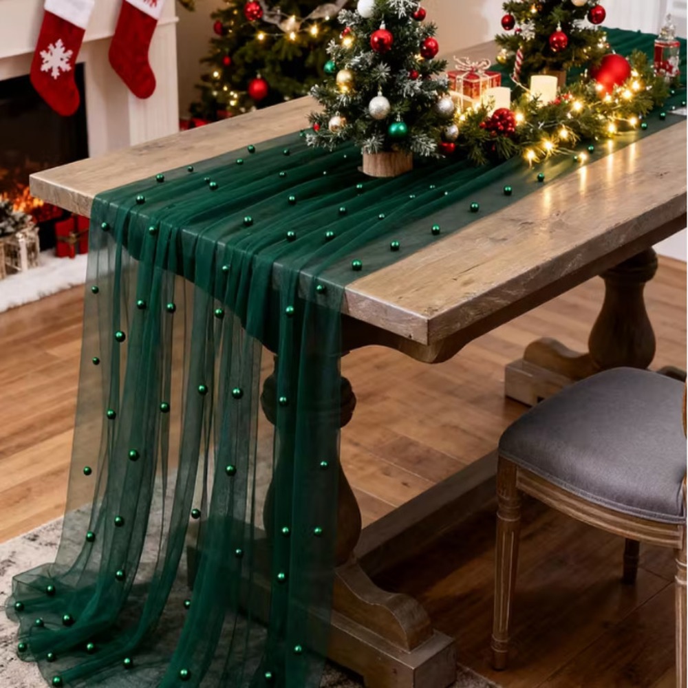 Linen Table Runner - Dromerige luxe bruiloftstafelloper Semi-transparante meerkleurige parel